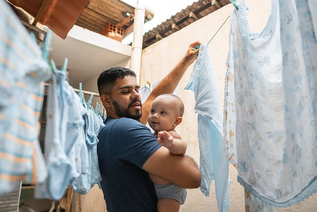 Father, Baby, Caring, Housework, Clothesline