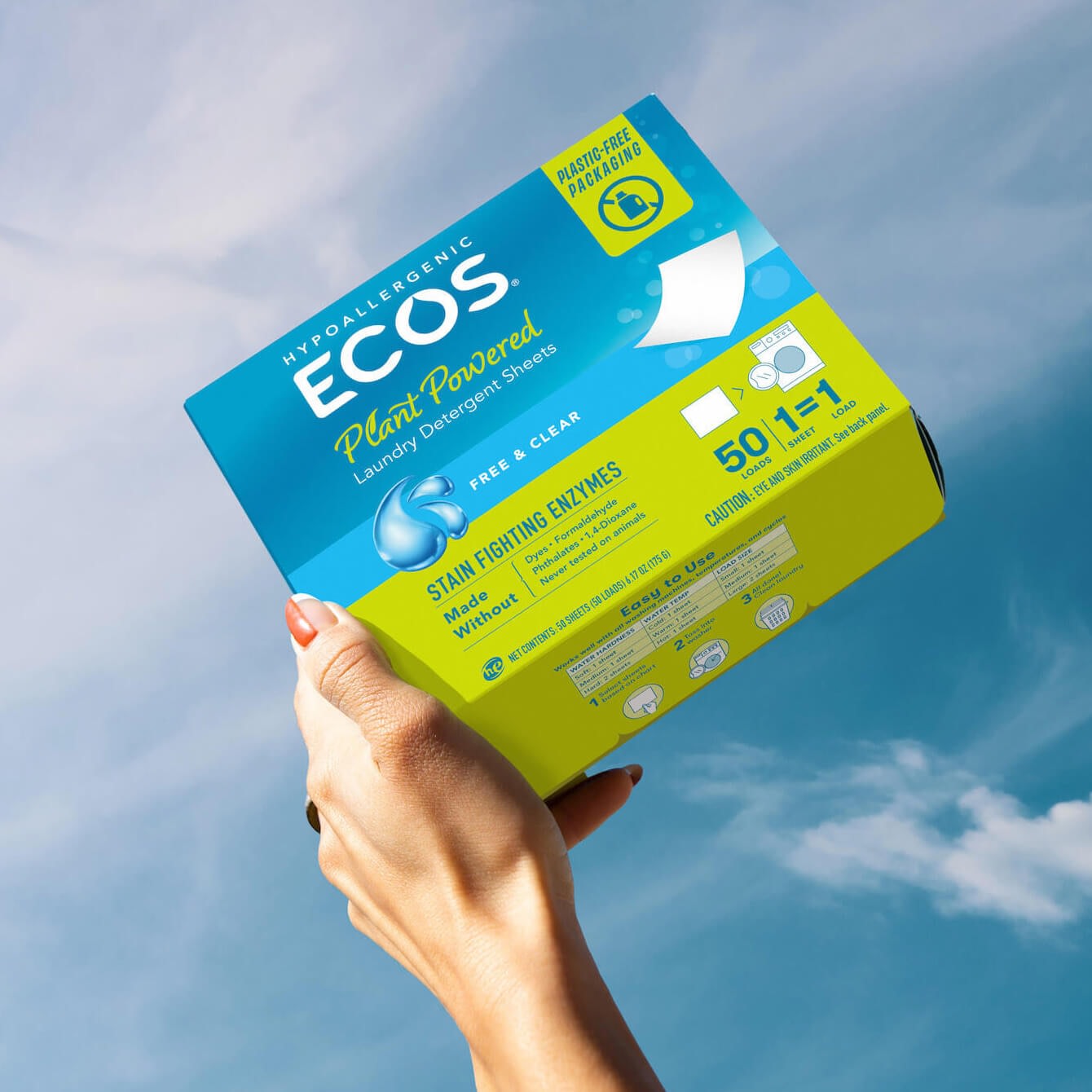 Hand holding ECOS laundry strips