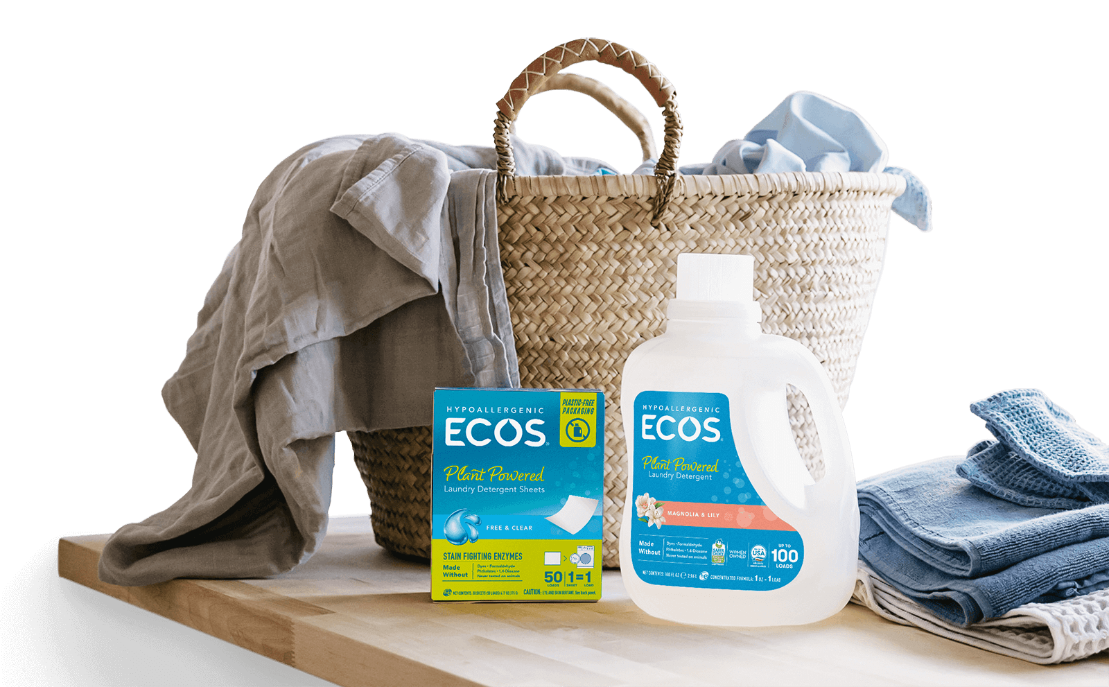 ECOS Products by a laundry basket