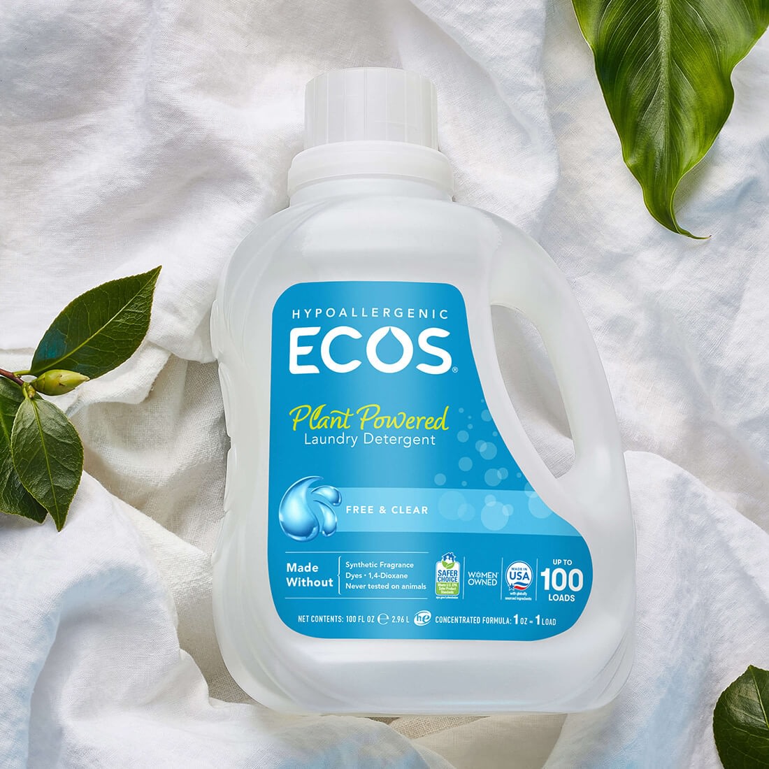 ECOS laundry detergent on cloth with leaves