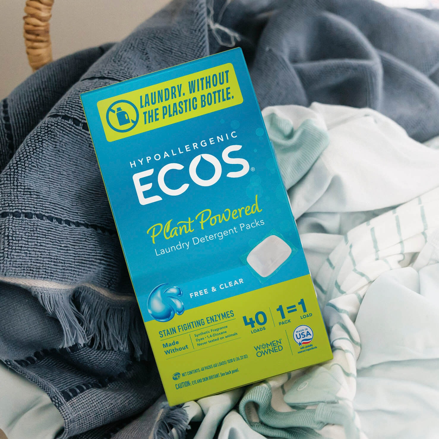 ECOS laundry packs in laundry basket