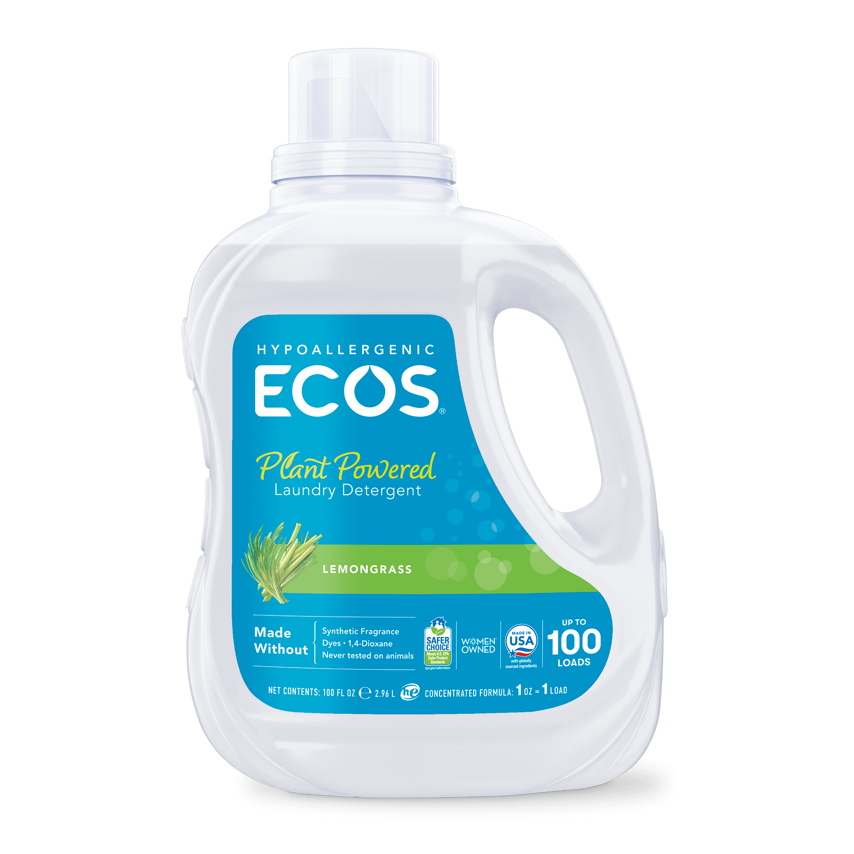 ECOS Detergente líquido hipoalergénico Detergente de la lavandería Cargas  no tóxicas, lemongrass, 100 fl oz (paquete de 2)